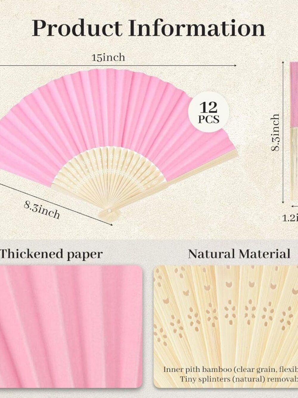 12 PCS Pink Foldable Hand Fan, 8.3 Inch Paper Fans for Women | Wedding Baby Show - Picture 3 of 7